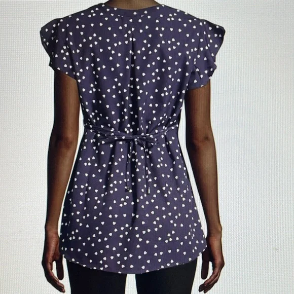 Oh Mamma Women’s Maternity Blue White Heart Pleated Button V Neck Back Tie SZ L - Picture 3 of 12